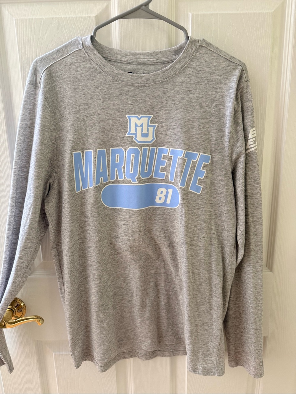 Champion Gray Long-Sleeve Marquette Tee with Light Blue Logo
